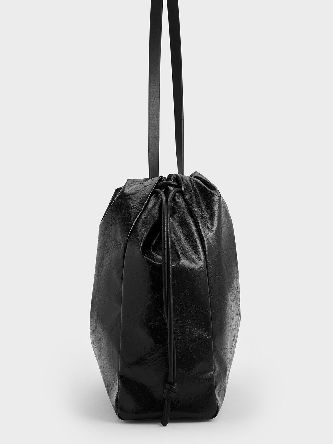 Bethel Crinkle-Effect Ruched Drawstring Tote Bag, Black, hi-res