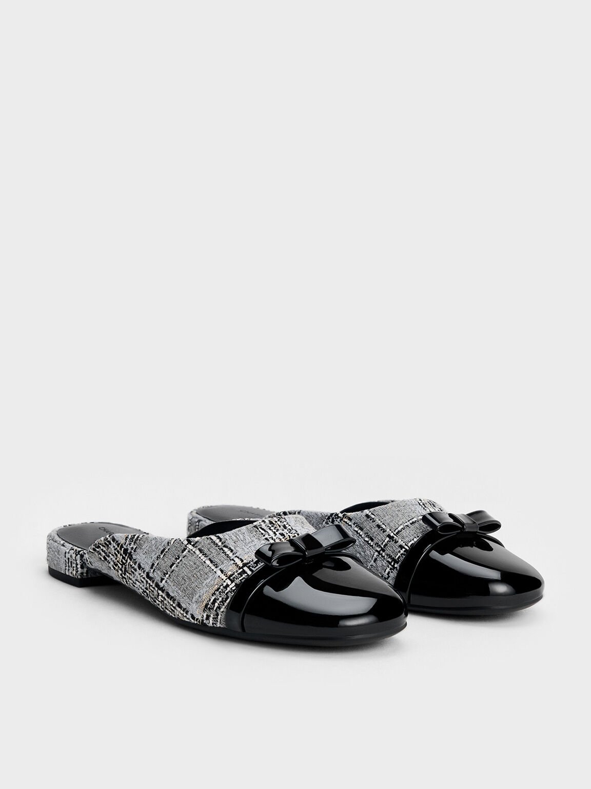 Bow Tweed Cap-Toe Mules, Grey, hi-res