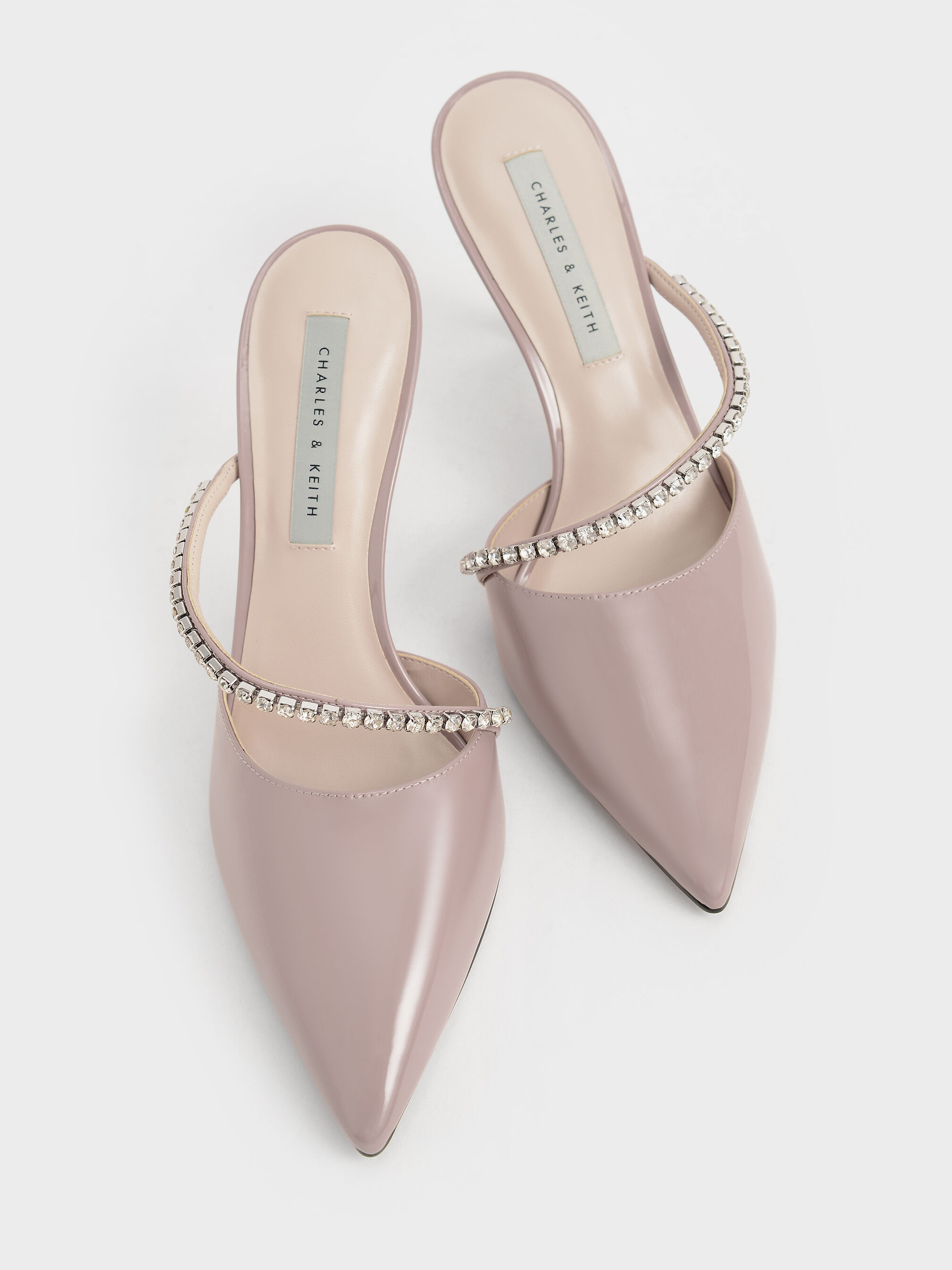 Gem-Encrusted Patent Mules, Taupe, hi-res