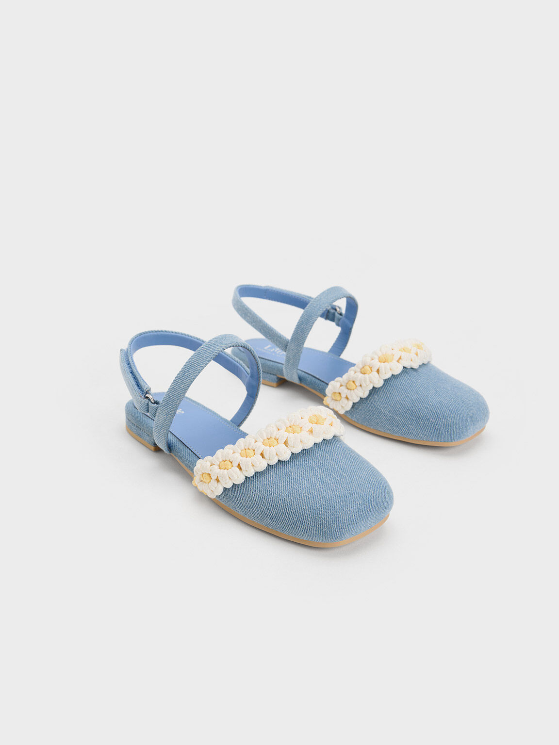 Girls' Floral Crochet Denim Slingback Flats, Light Blue, hi-res