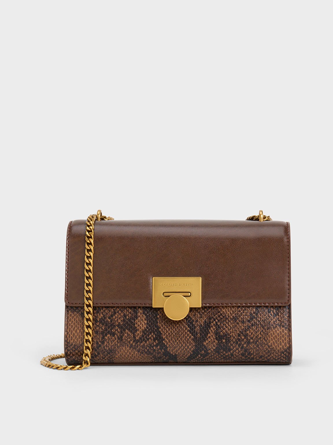 Brown Snake Print Chain-Strap Bag - CHARLES & KEITH SG