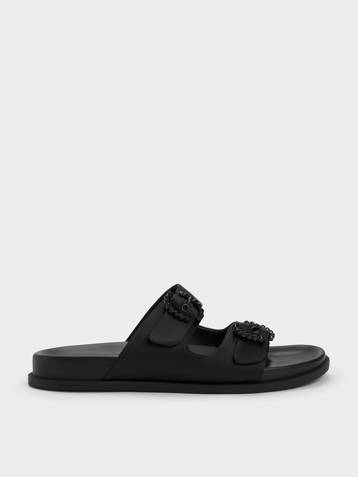Black Reycled Polyester Embellished Buckle Sandals - CHARLES & KEITH AU