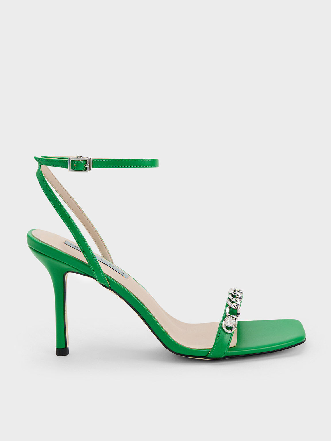 Chain-Embellished Ankle Strap Sandals - Green