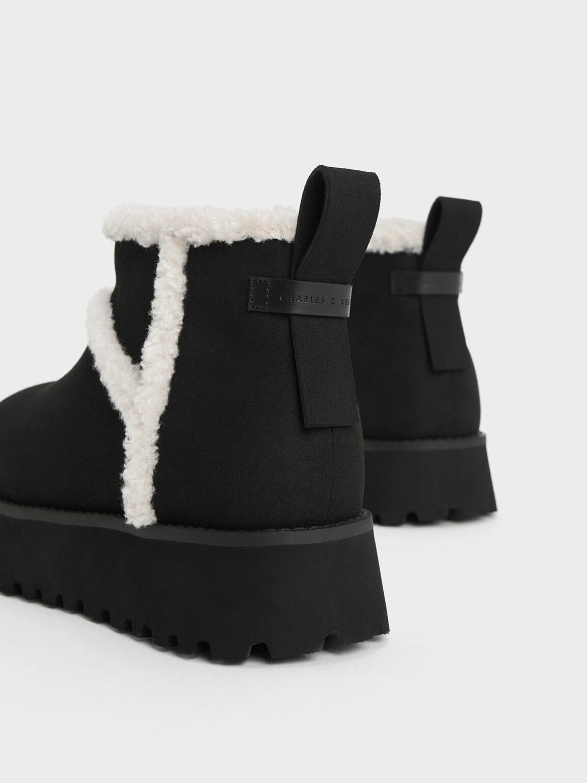 Textured Fur-Trim Flatform Ankle Boots, Black Textured, hi-res