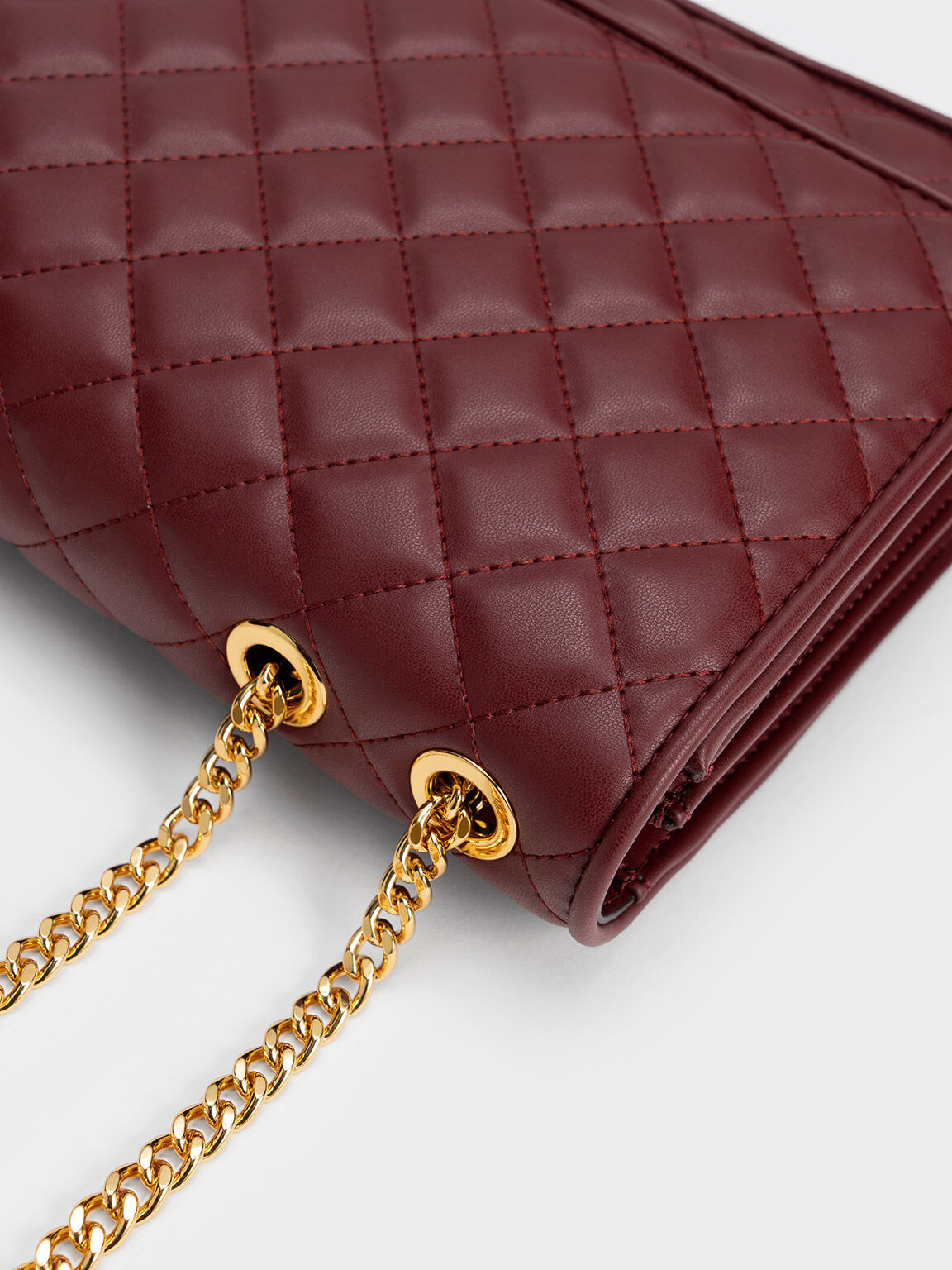 Burgundy Push-Lock Quilted Crossbody Bag - CHARLES & KEITH MO