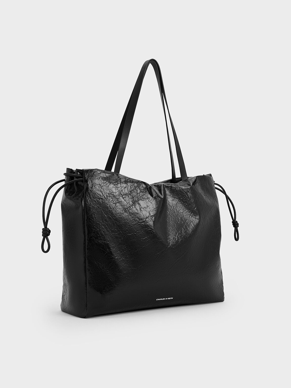 Bethel Crinkle-Effect Ruched Drawstring Tote Bag, Black, hi-res