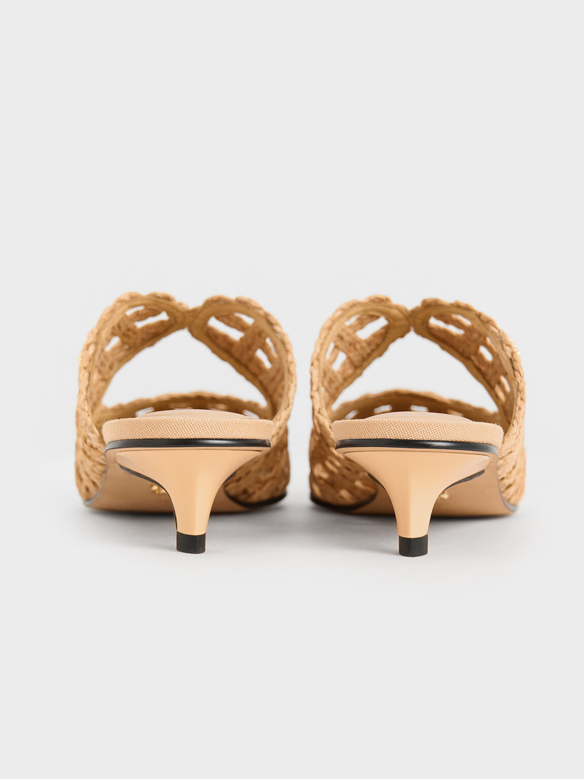 Raffia Kitten-Heel Pointed-Toe Mules, Sand, hi-res