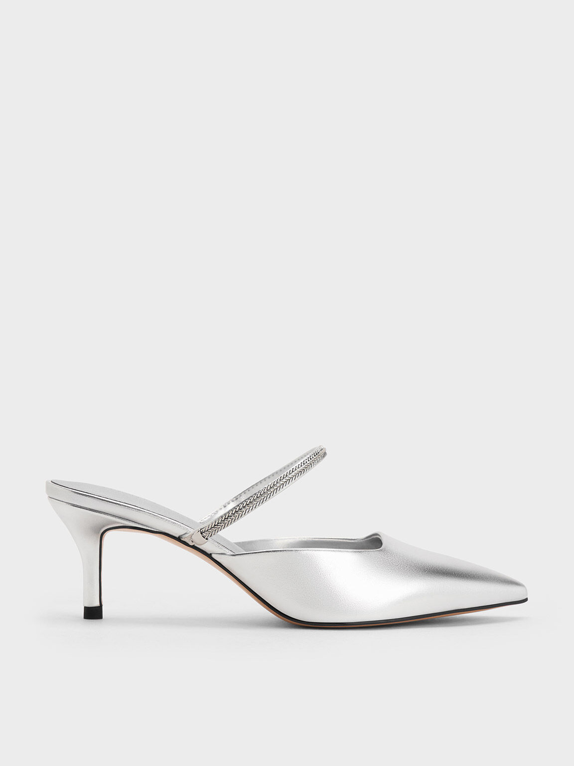 Silver Metallic Braided-Strap Pointed-Toe Mules - CHARLES & KEITH AE