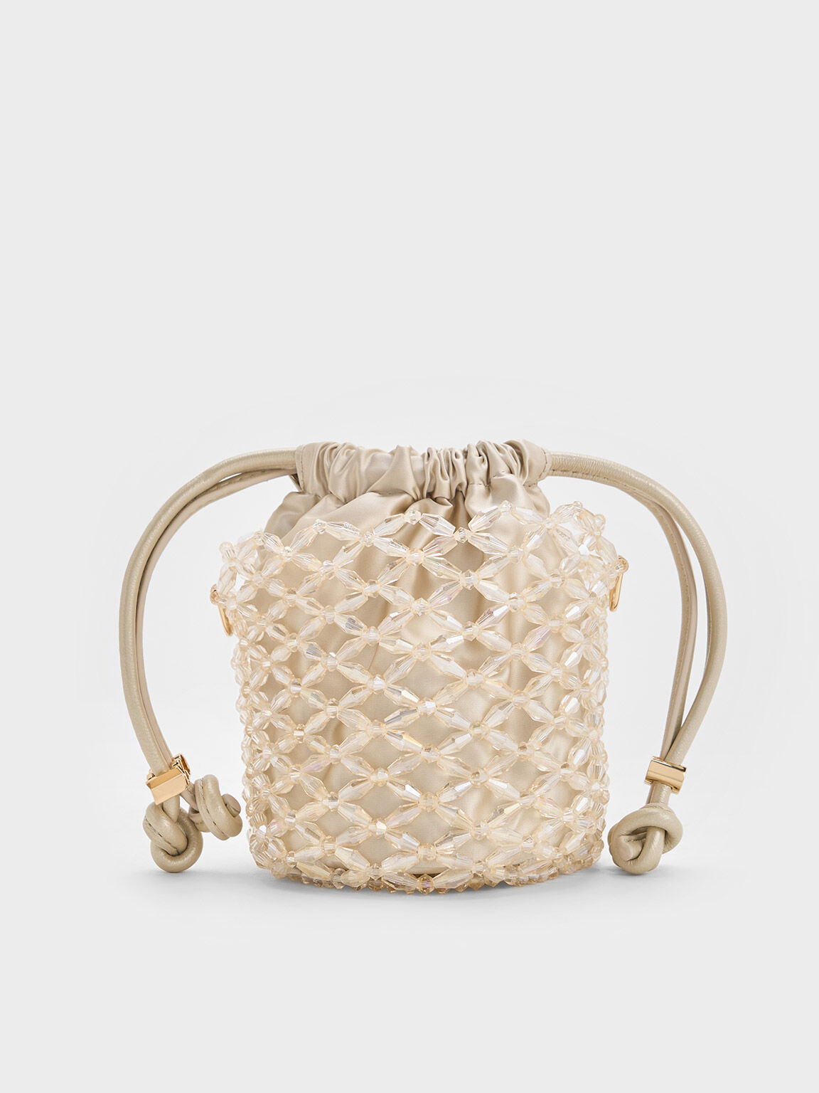 Beaded Chain-Handle Bucket Bag, Champagne, hi-res