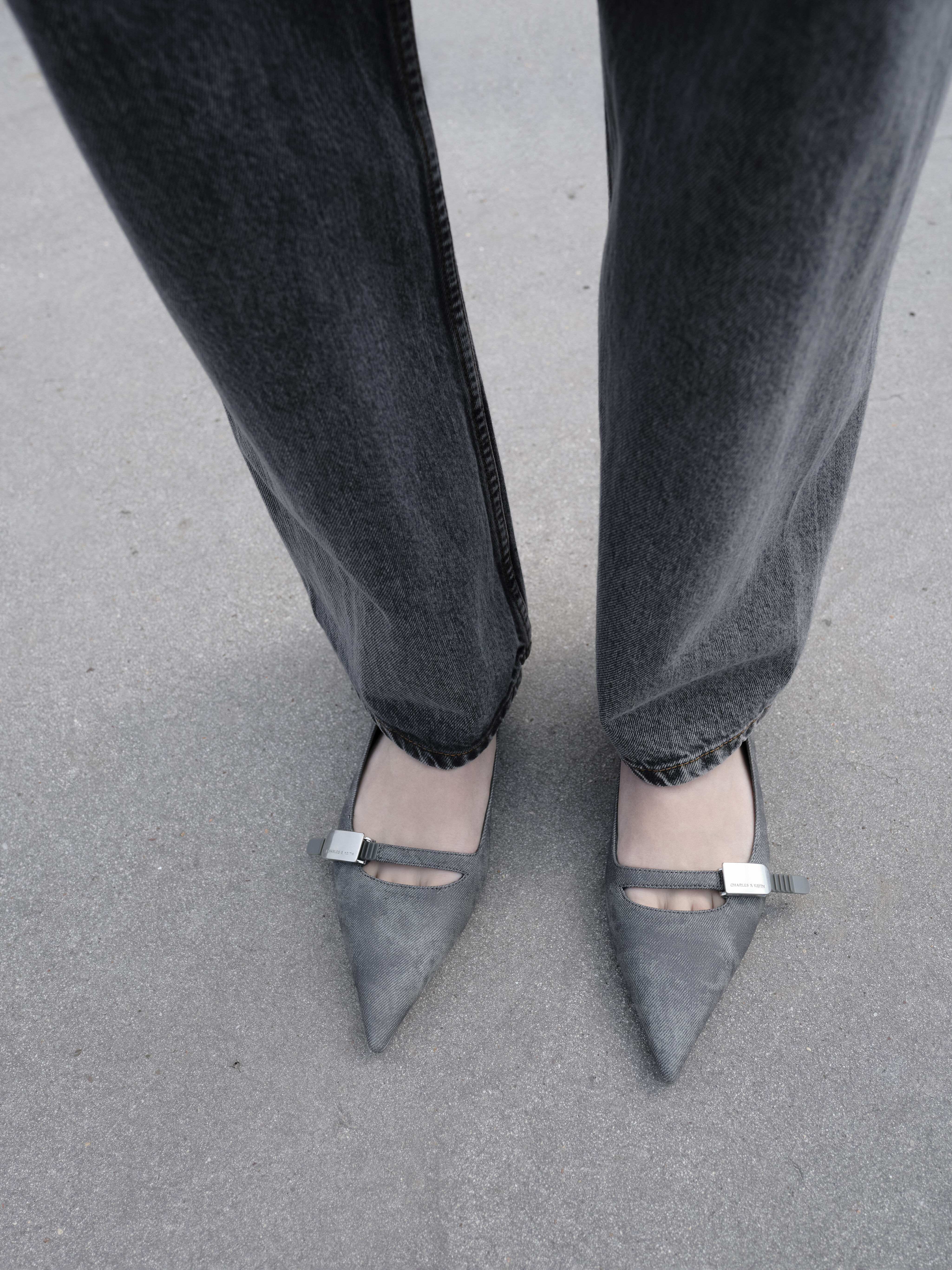 Robbie Denim-Effect Pointed-Toe Ballet Flats, Dark Grey, hi-res