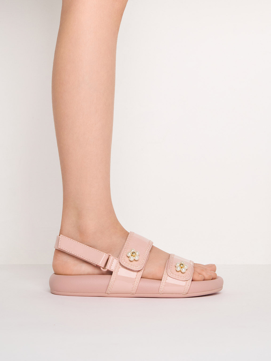 Girls' Patent Beaded-Flower Sandals, Blush, hi-res