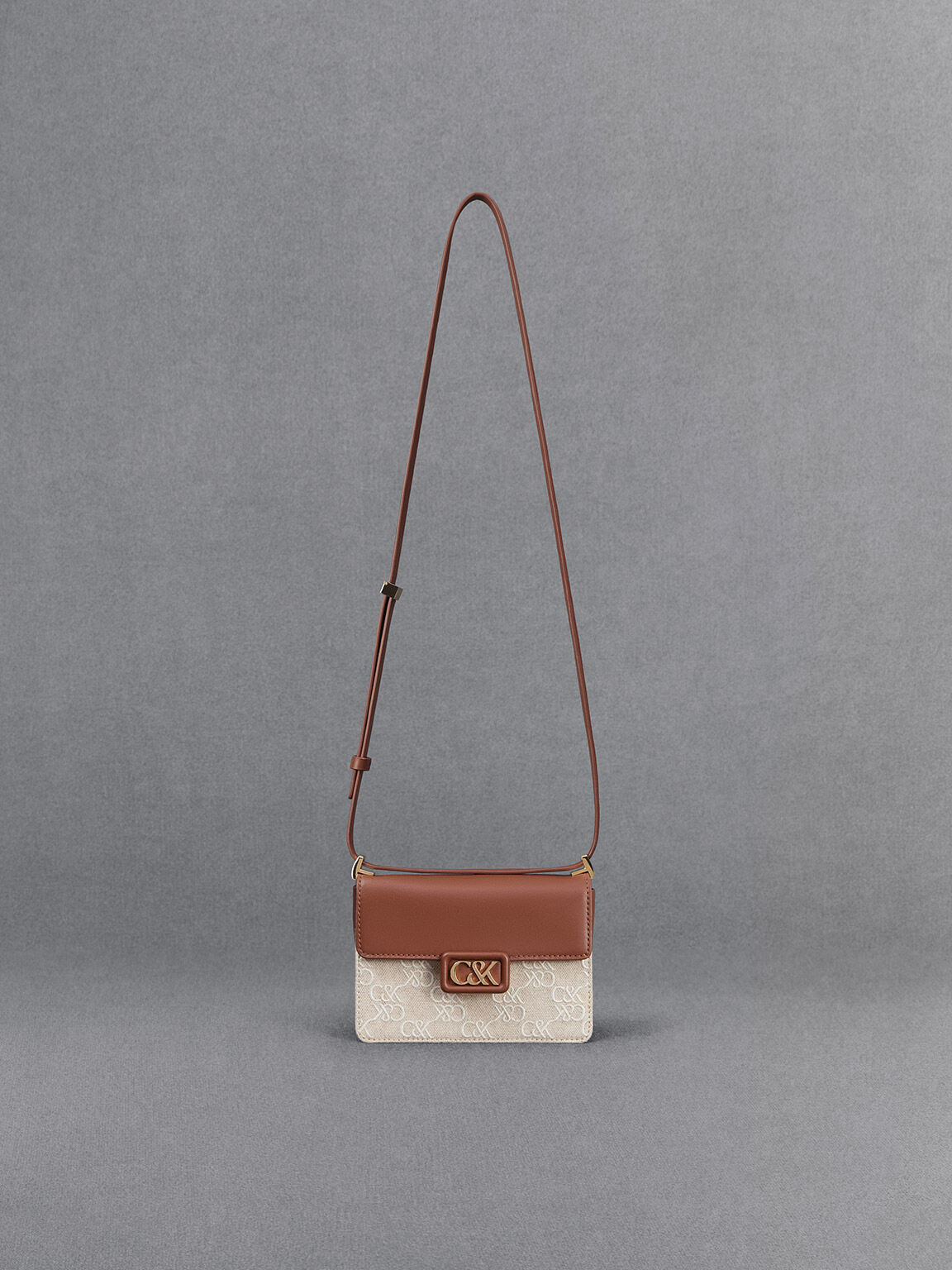 Leather & Canvas Two-Tone Boxy Bag, Cognac, hi-res