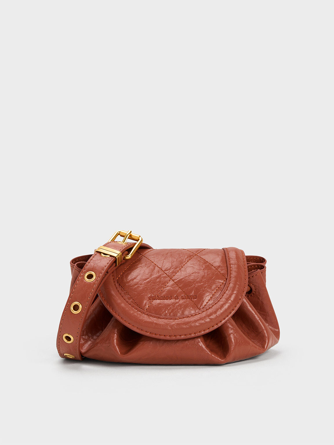 Mini Blossom Curved Flap Quilted Crossbody Bag - Brick
