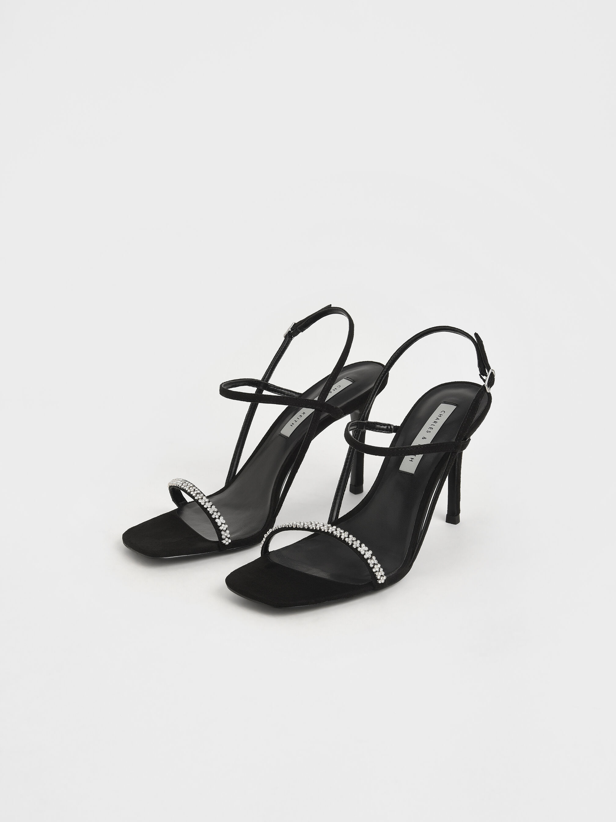 Textured Gem-Embellished Strappy Sandals, Black, hi-res