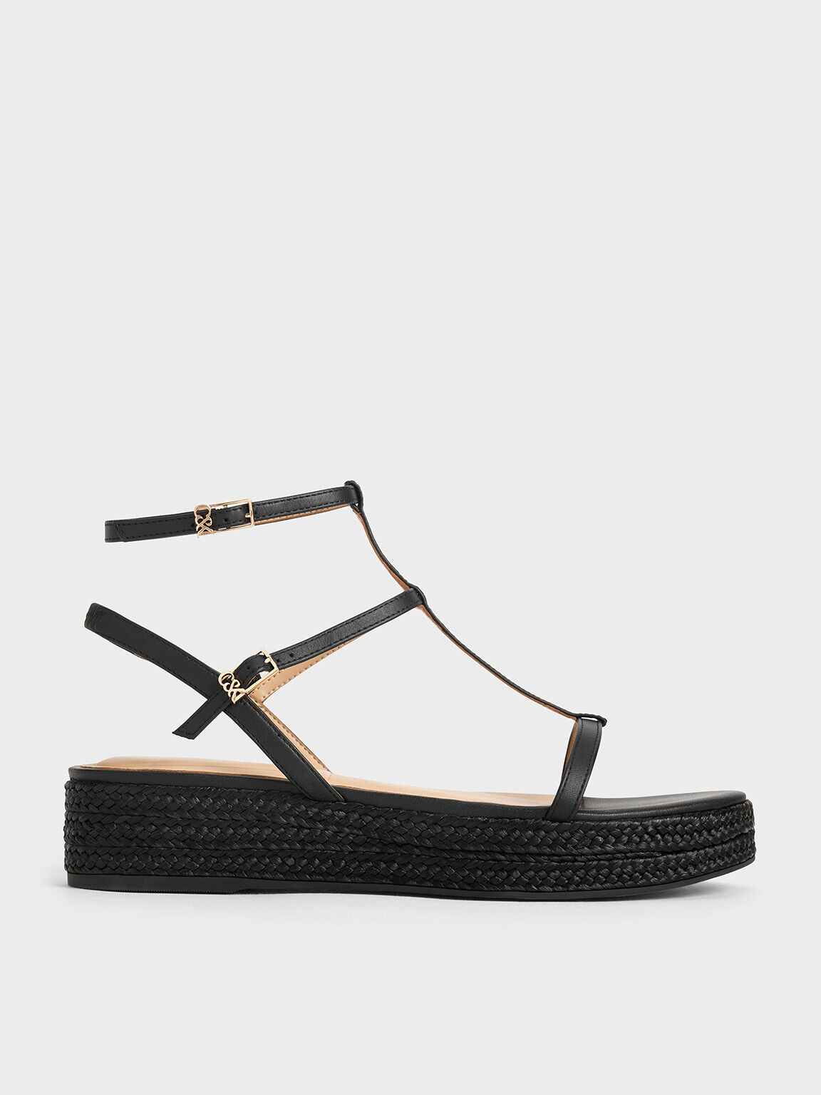 Leather T-Bar Espadrille Sandals, Black, hi-res