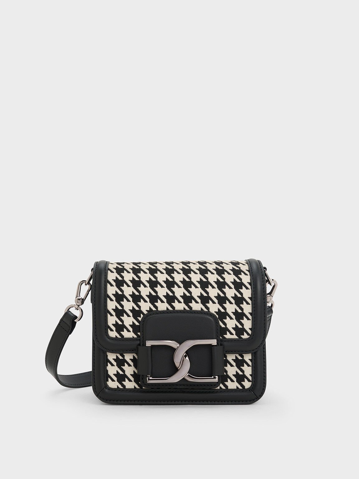 Houndstooth Embossed Square Bag Contrast Binding PU With Bag Charm For  Daily Life