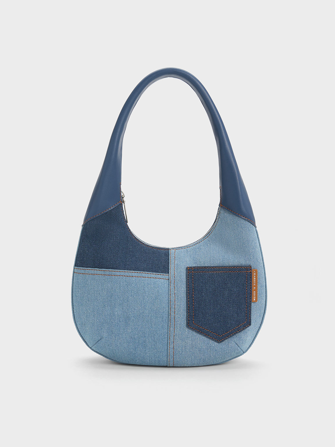 Anthea Denim Contrast-Trim Curved Hobo Bag, Denim Blue, hi-res