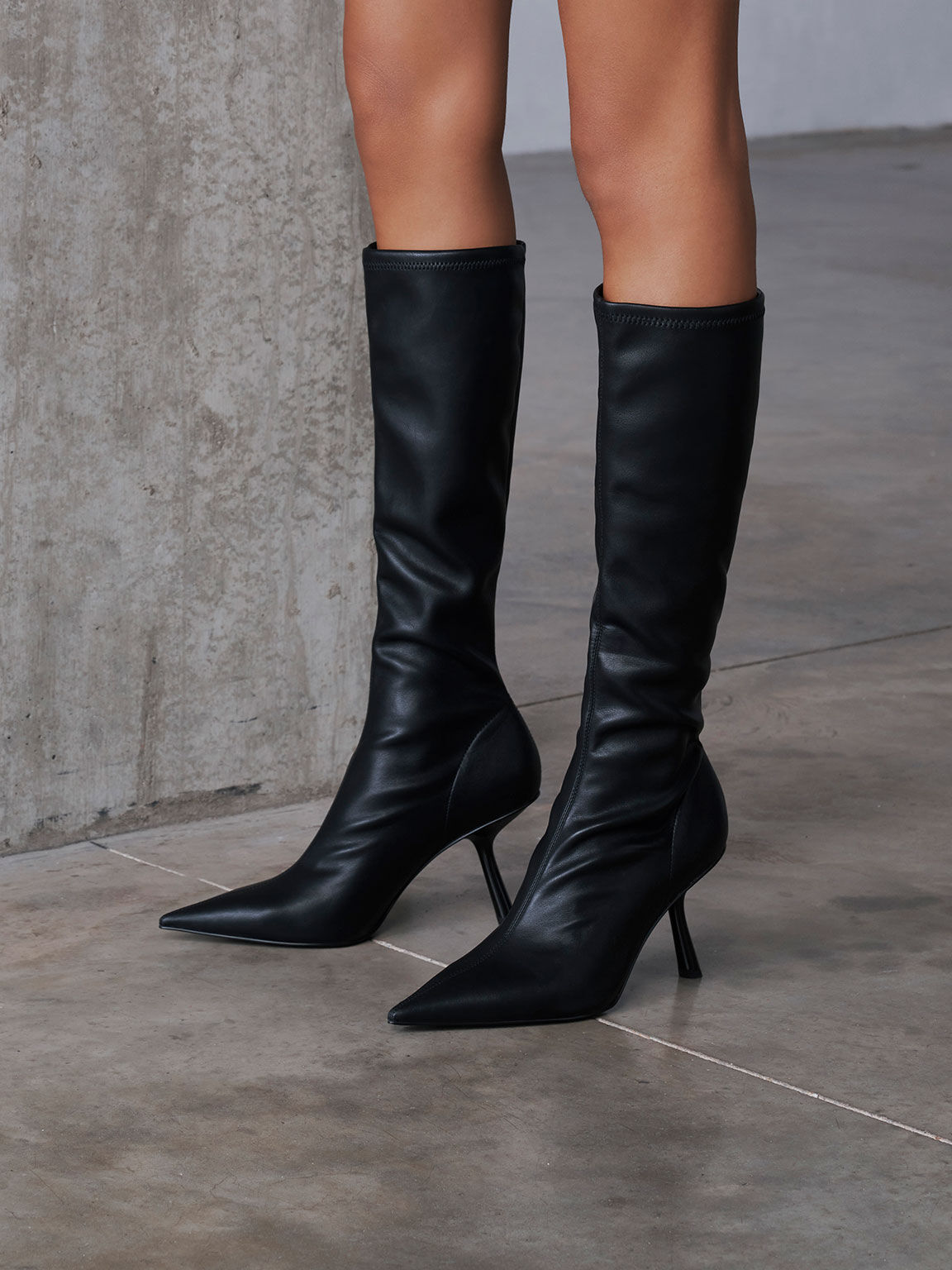 Black Slant Heel Knee High Boots CHARLES KEITH US