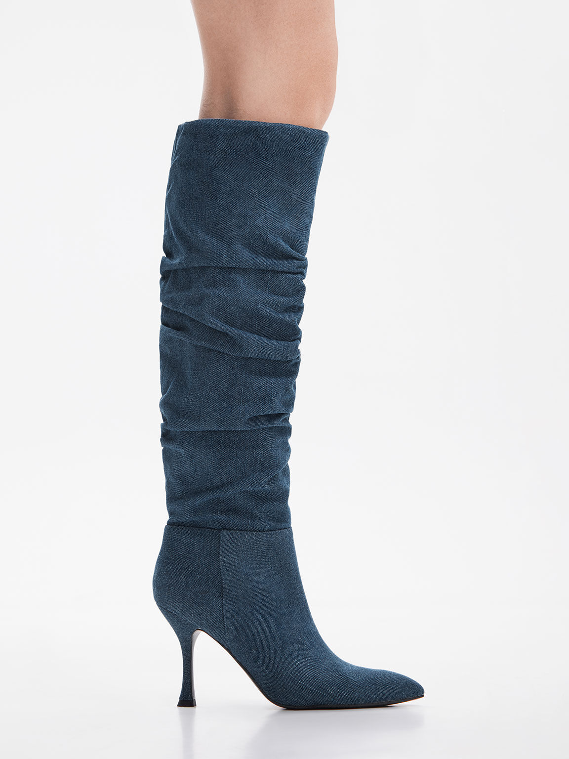 Aster Denim Ruched Knee-High Boots, Blue, hi-res