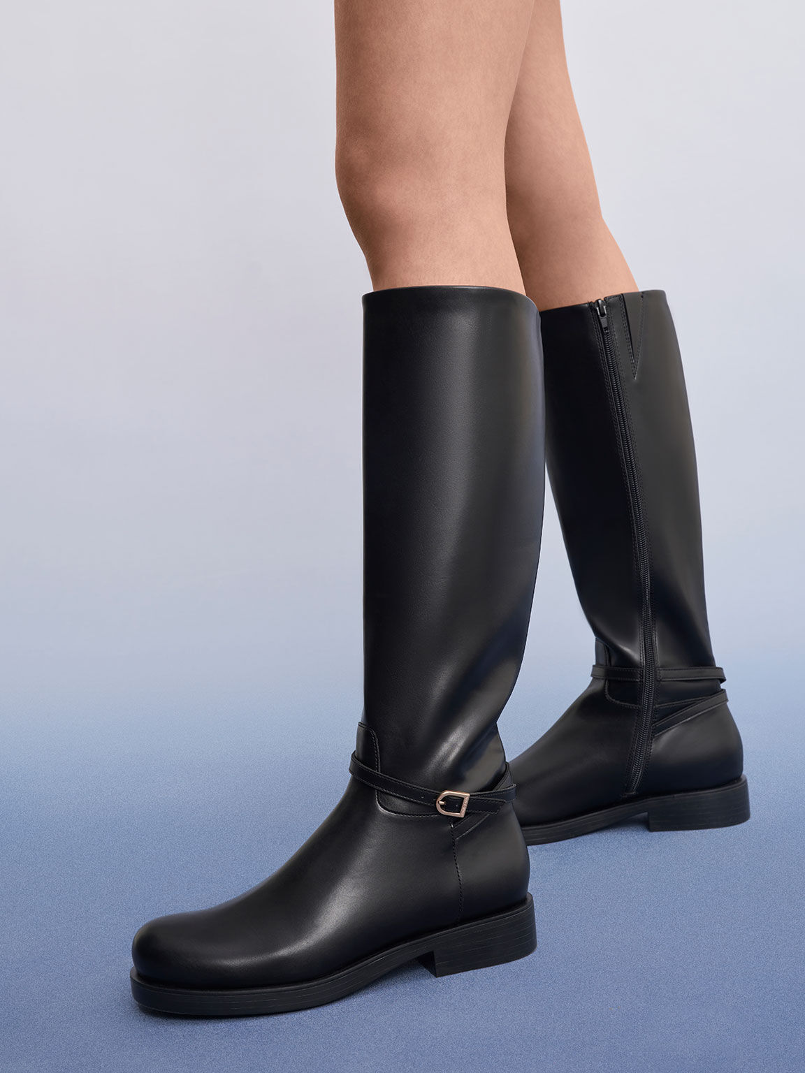 Black Belted Knee-High Boots - CHARLES & KEITH US