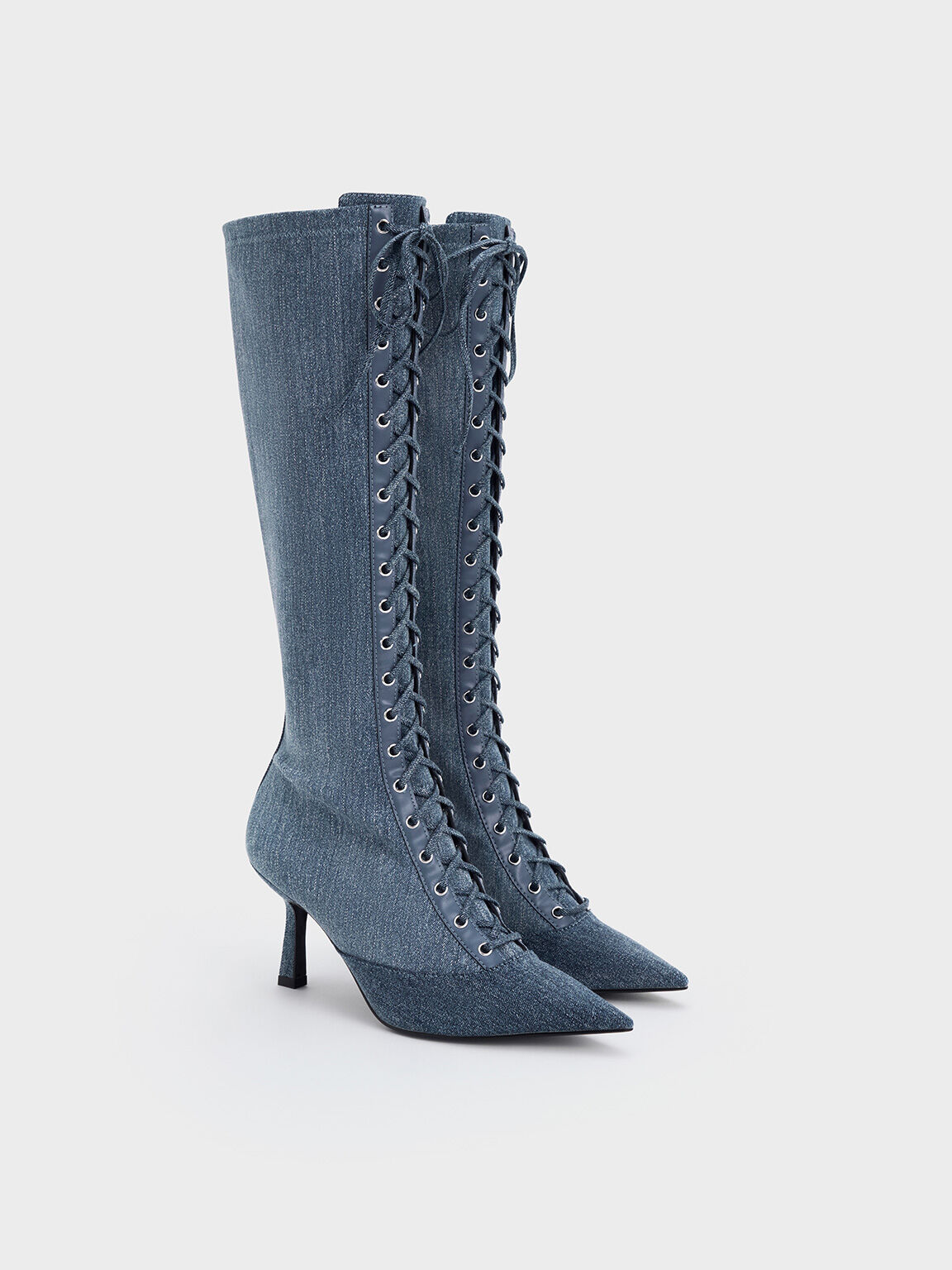 Denim Lace-Up Pointed-Toe Knee-High Boots, Denim Blue, hi-res