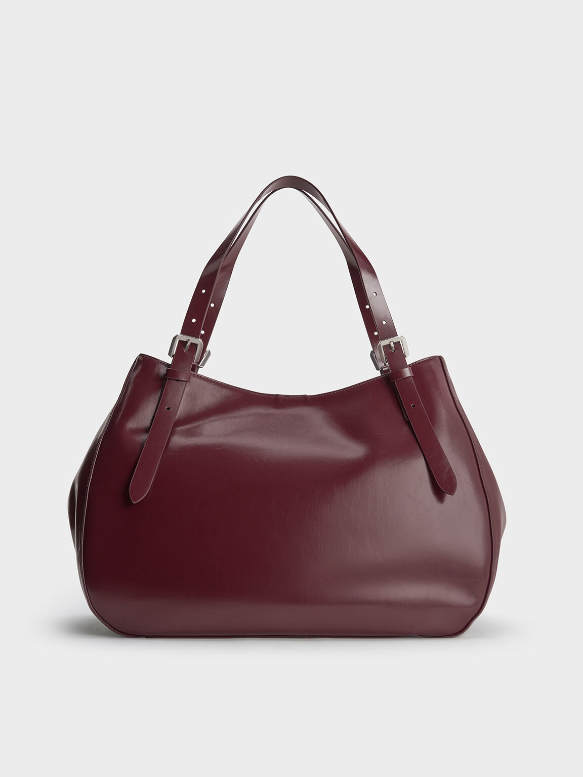 Buckle-Strap Slouchy Tote Bag, Burgundy, hi-res