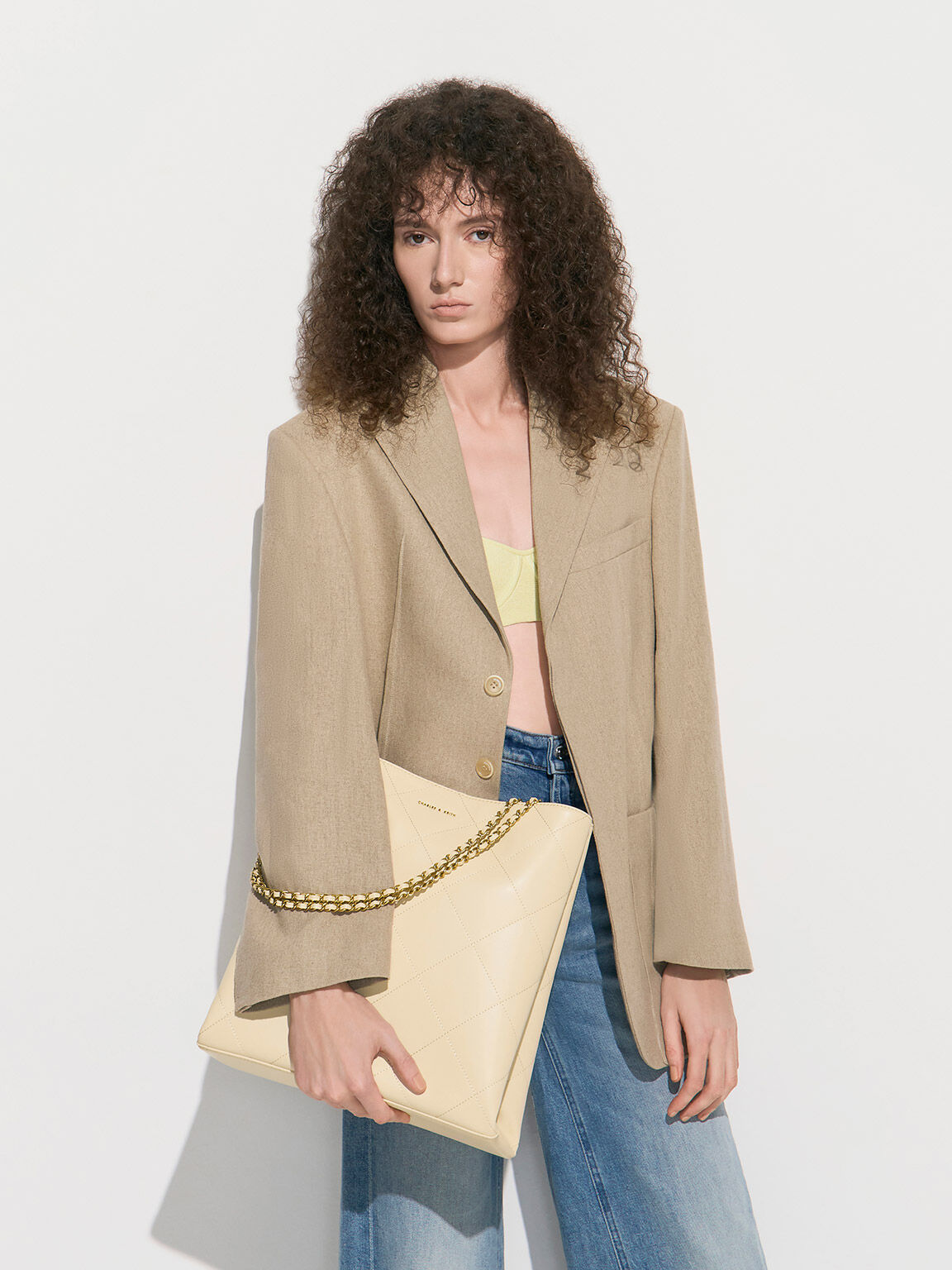 Bolso tote Leia con asa trenzada, Beige, hi-res