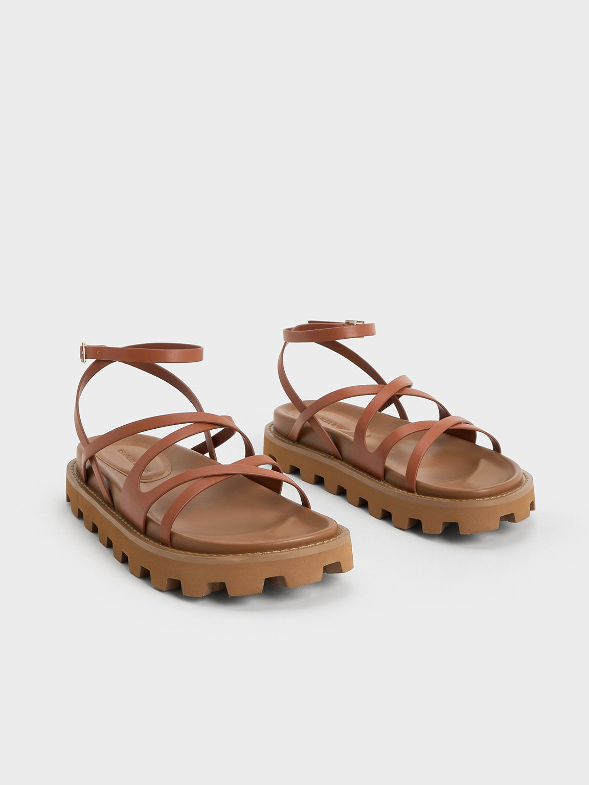 Cognac Crossover Ankle-Strap Sandals - CHARLES & KEITH OM