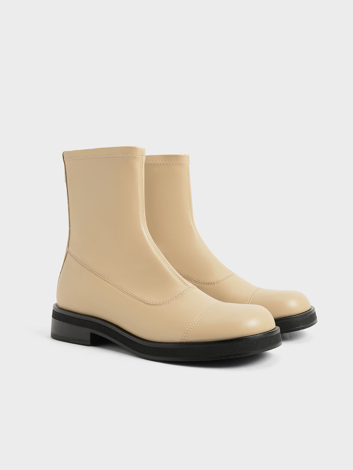 Round Toe Zip-Up Ankle Boots - Sand