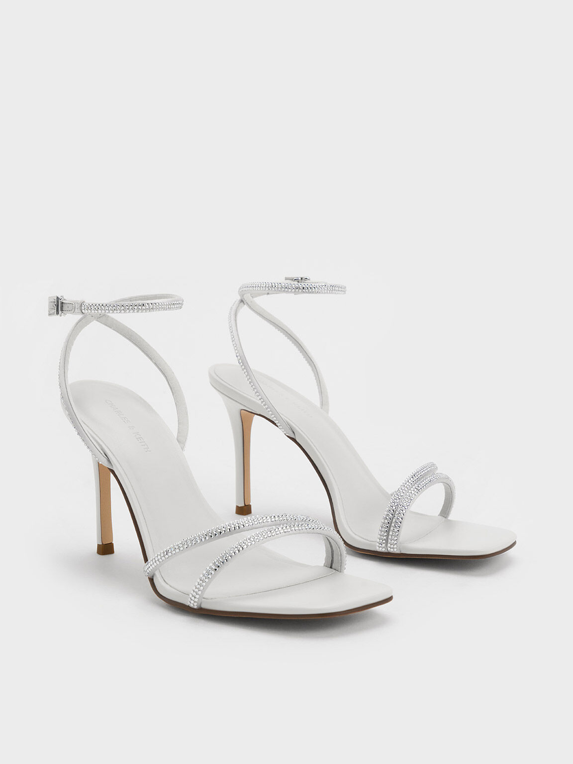 Satin Crystal-Embellished Asymmetric Heeled Sandals, White, hi-res