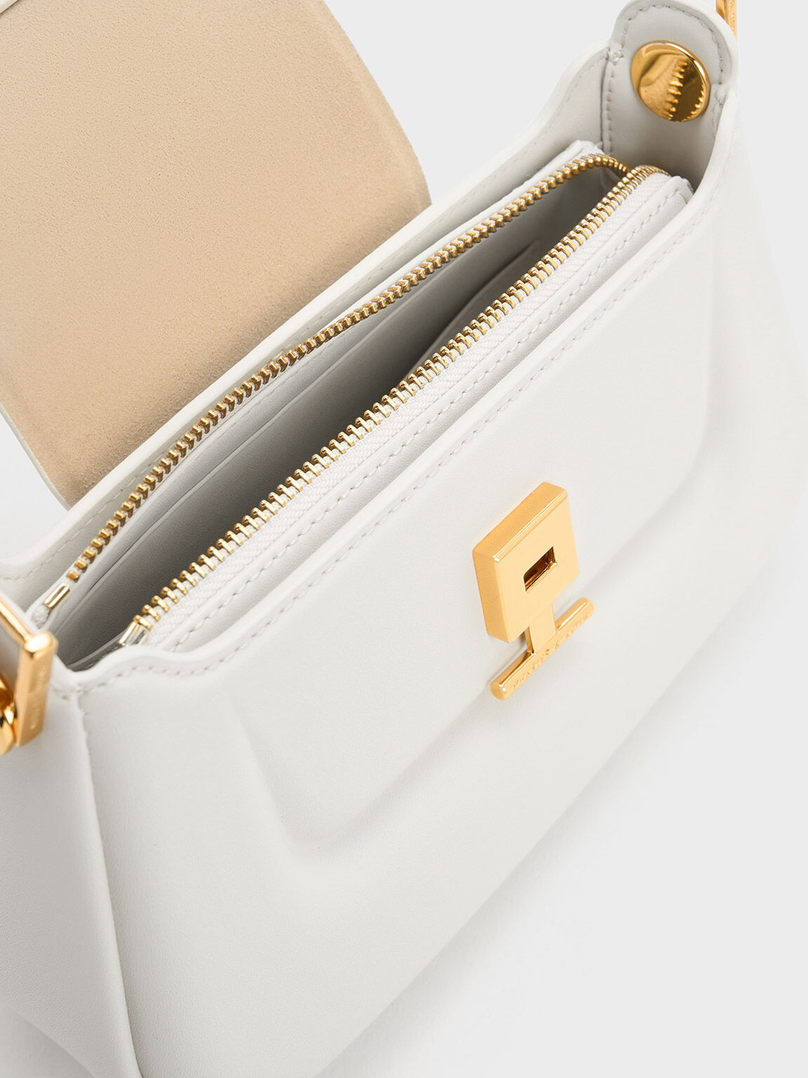 White Koa Push-Lock Top Handle Bag - CHARLES & KEITH MY