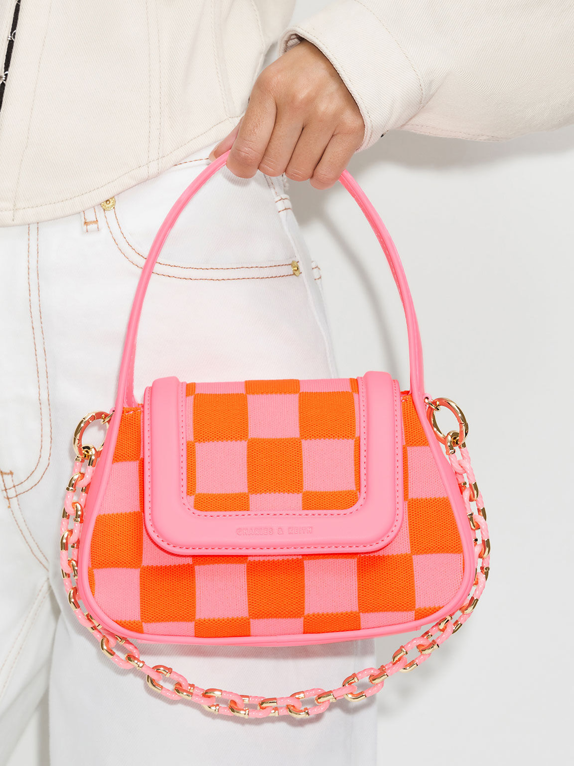 Light Pink Woven Handle Tweed Bucket Bag - CHARLES & KEITH International