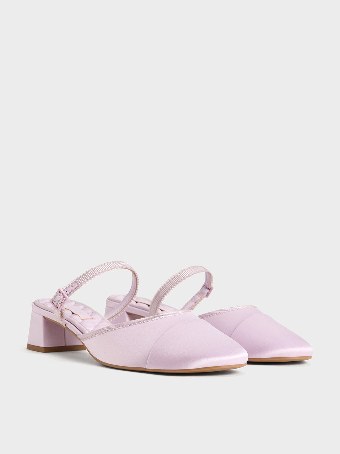 Satin Buckled-Strap Trapeze-Heel Mules, Lilac, hi-res