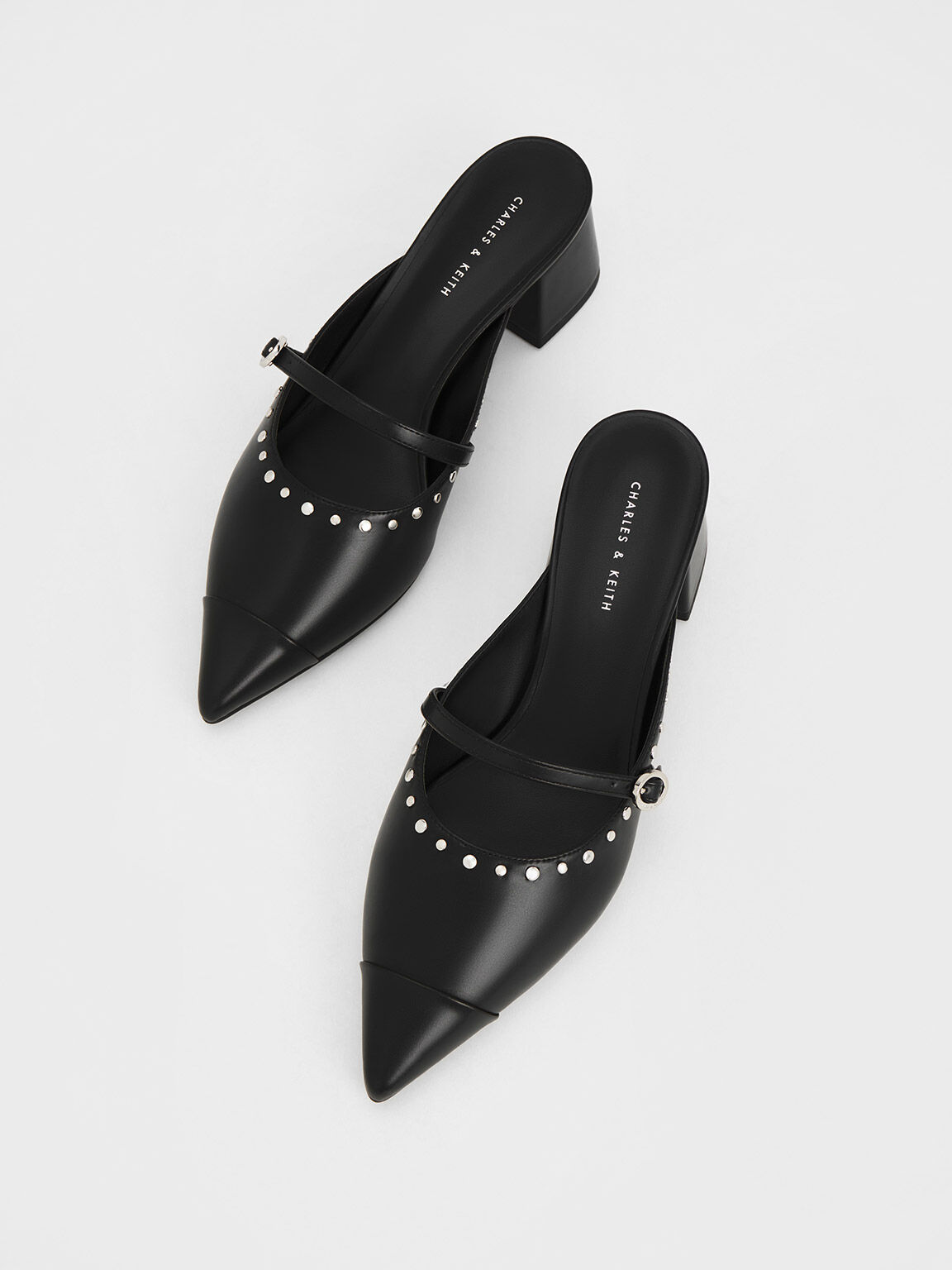 Black Studded Pointed-Toe Block Heel Mules - CHARLES & KEITH CA