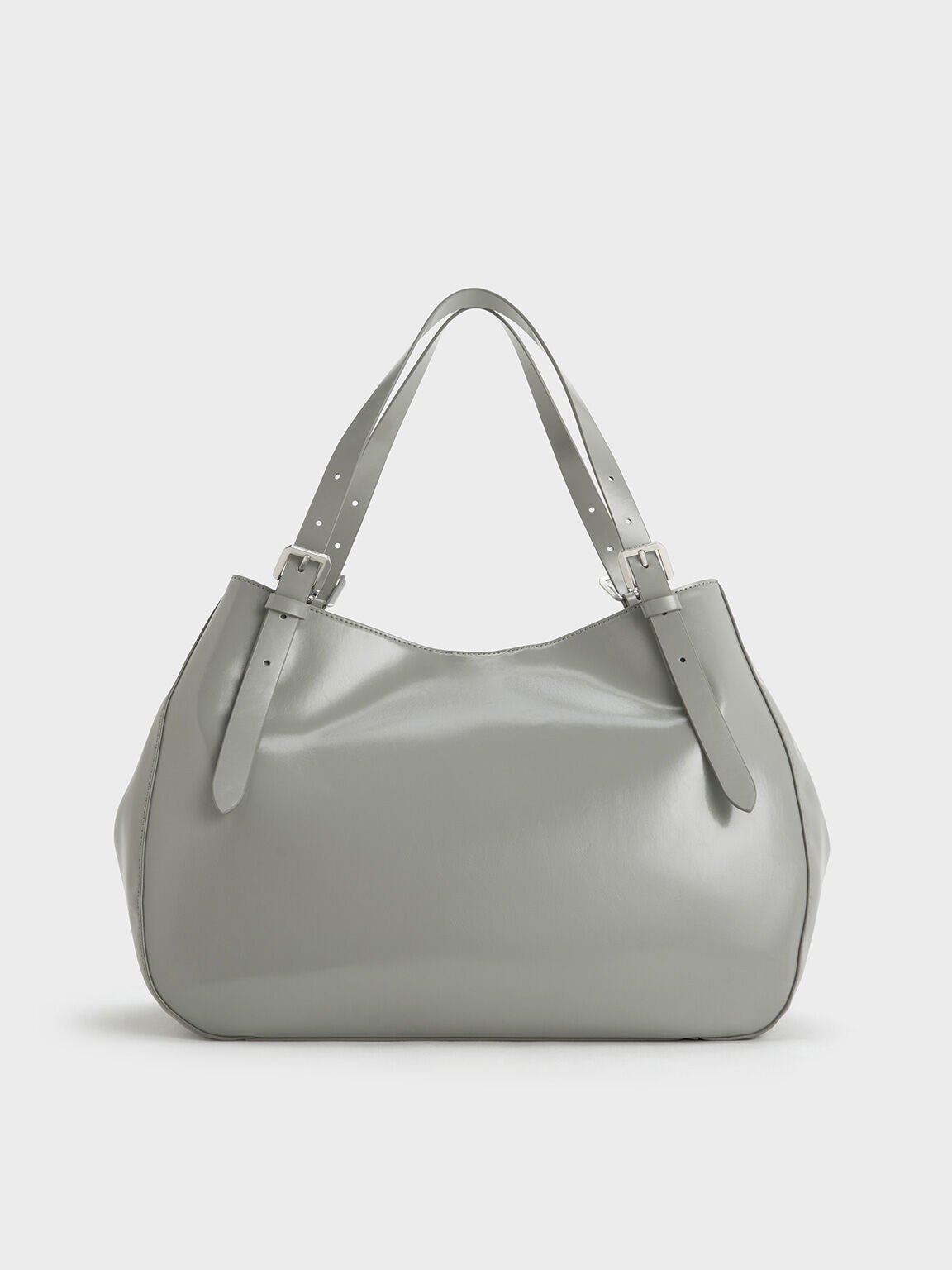 Buckle-Strap Slouchy Tote Bag, Grey, hi-res