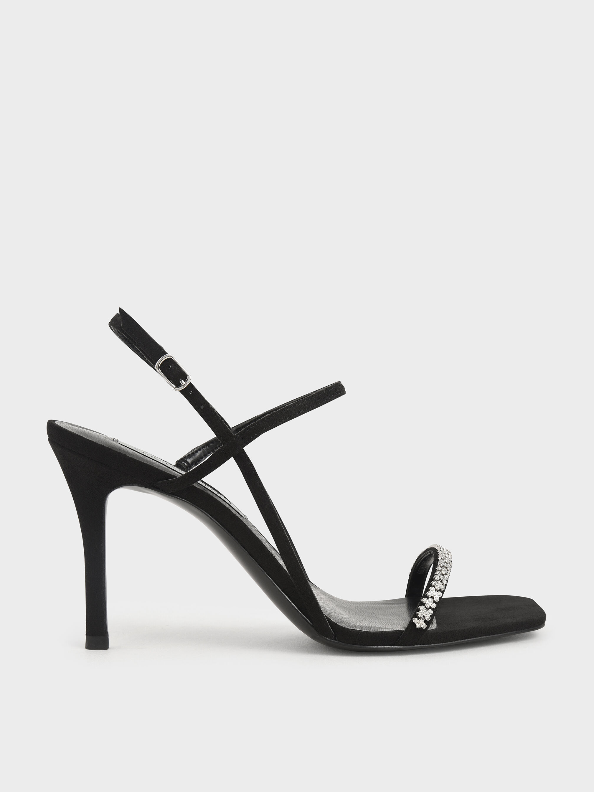 Textured Gem-Embellished Strappy Sandals, Black, hi-res