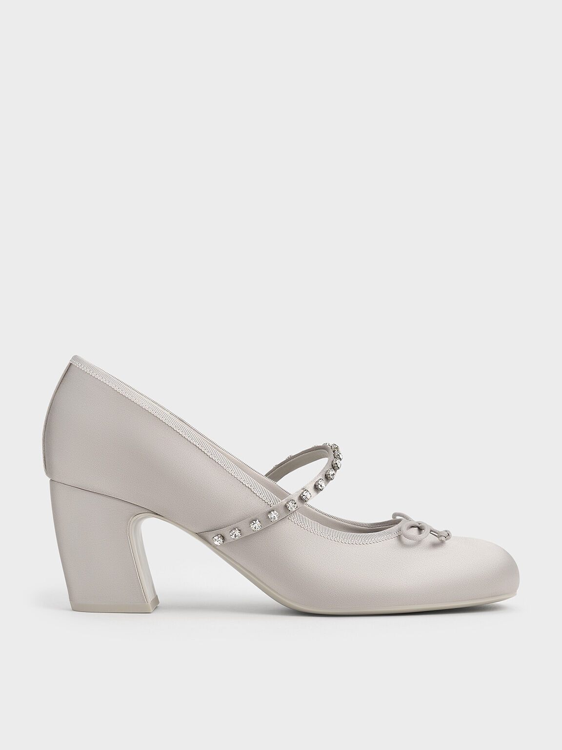 Satin Gem-Embellished Bow Mary Jane Pumps, Light Grey, hi-res