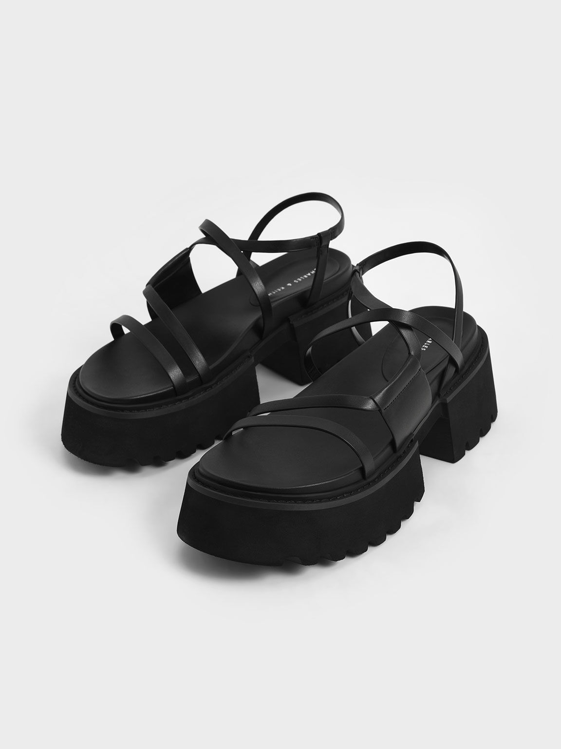 Black Buckled Crossover Platform Sandals - CHARLES & KEITH OM