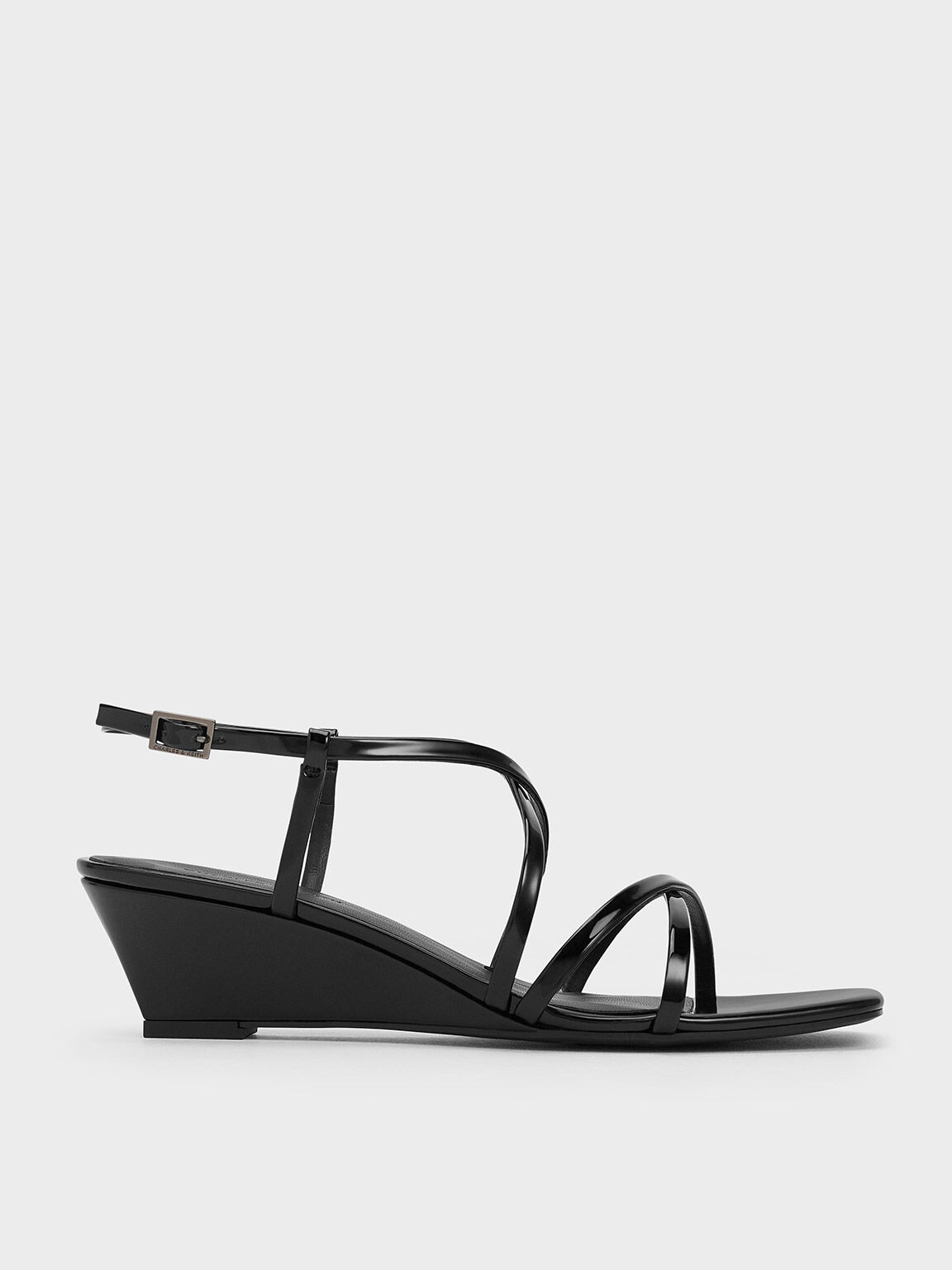 Patent Strappy Wedge Sandals, Black Patent, hi-res