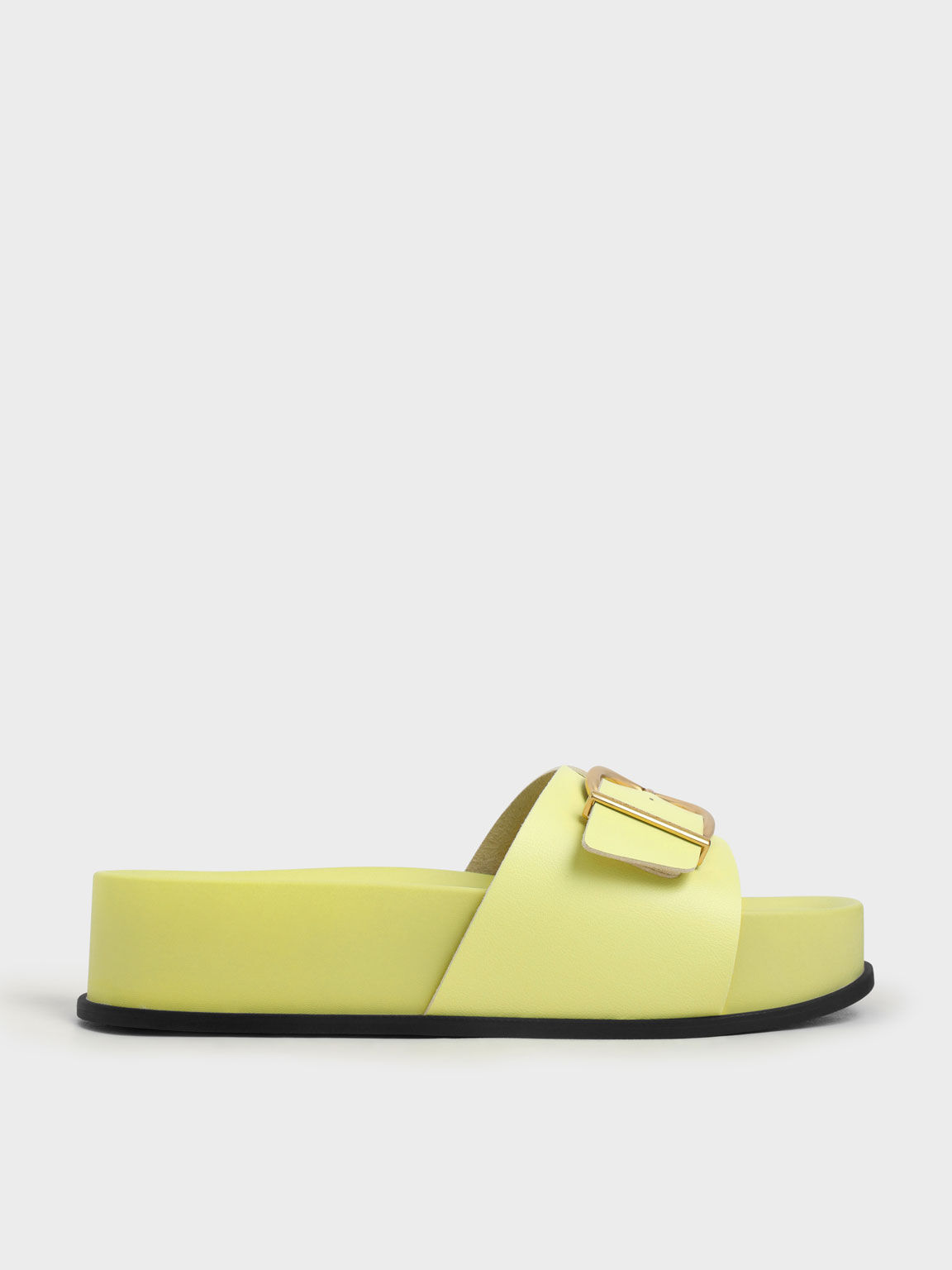 Yellow Metallic Buckle Flatform Sandals - CHARLES & KEITH SG