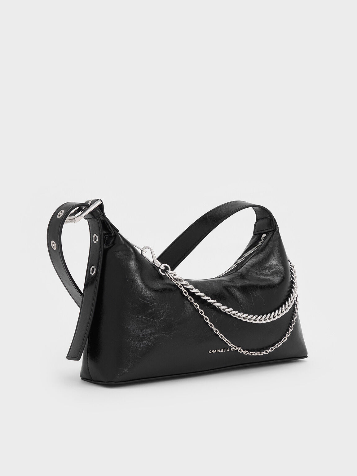 Atwood Crinkle-Effect Chain-Embellished Hobo Bag, Noir, hi-res