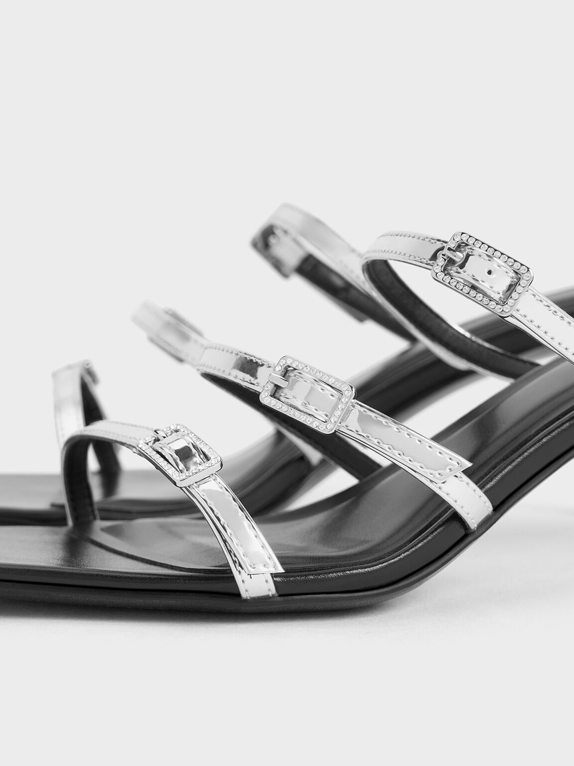 Metallic Crystal-Buckle Heeled Mules, Silver, hi-res