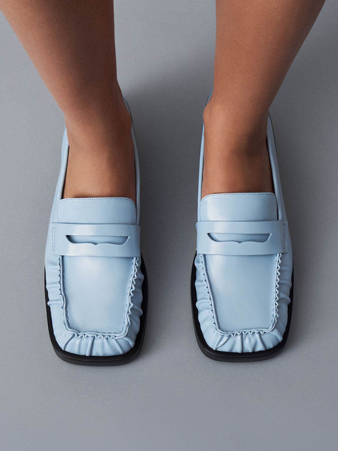 Light Blue Ruched Square-Toe Loafers - CHARLES & KEITH CO