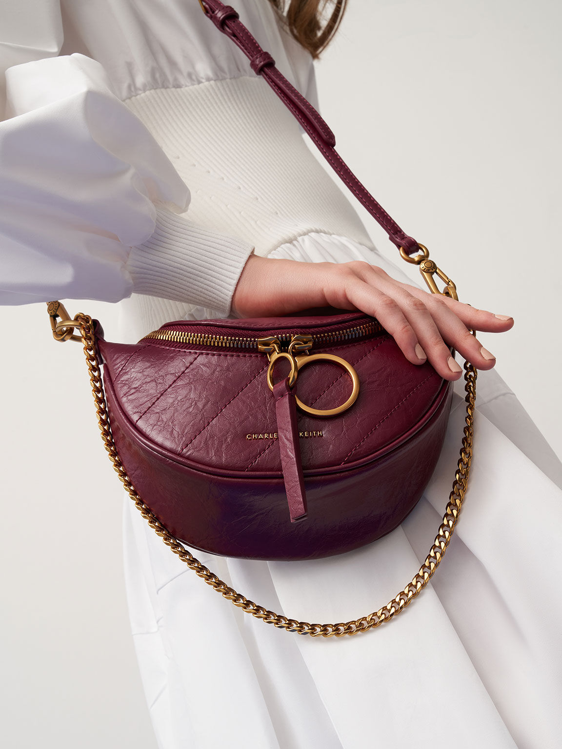 Burgundy Philomena Wrinkled-Effect Half-Moon Crossbody Bag - CHARLES ...