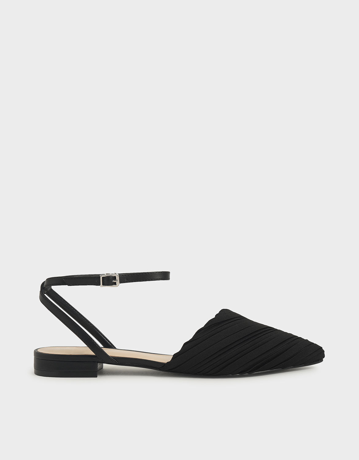 Black Pleated Ankle Strap Flat Court 