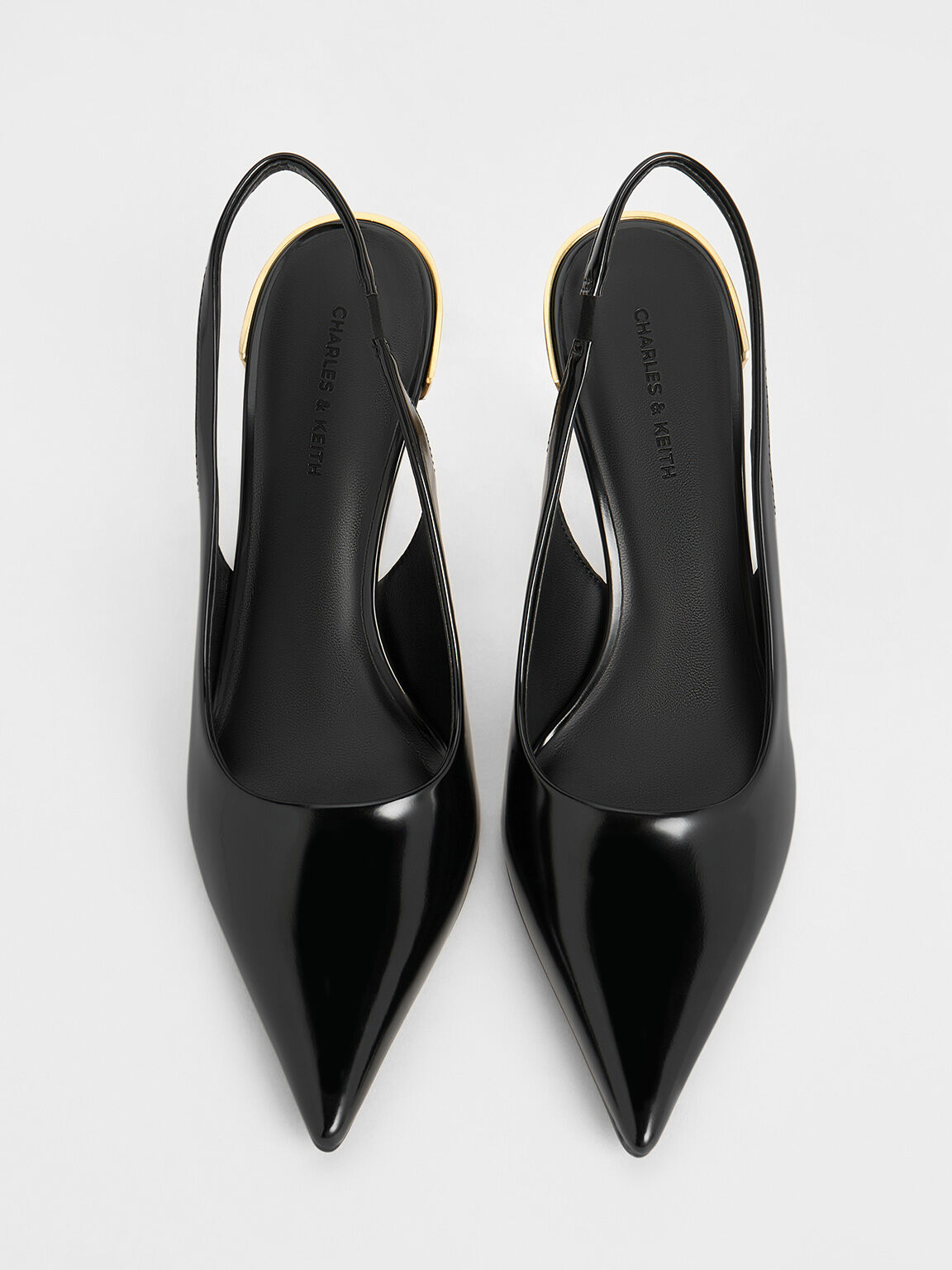 Zapatos destalonados metálicos de punta afilada con tacón de aguja, Negro pulido, hi-res
