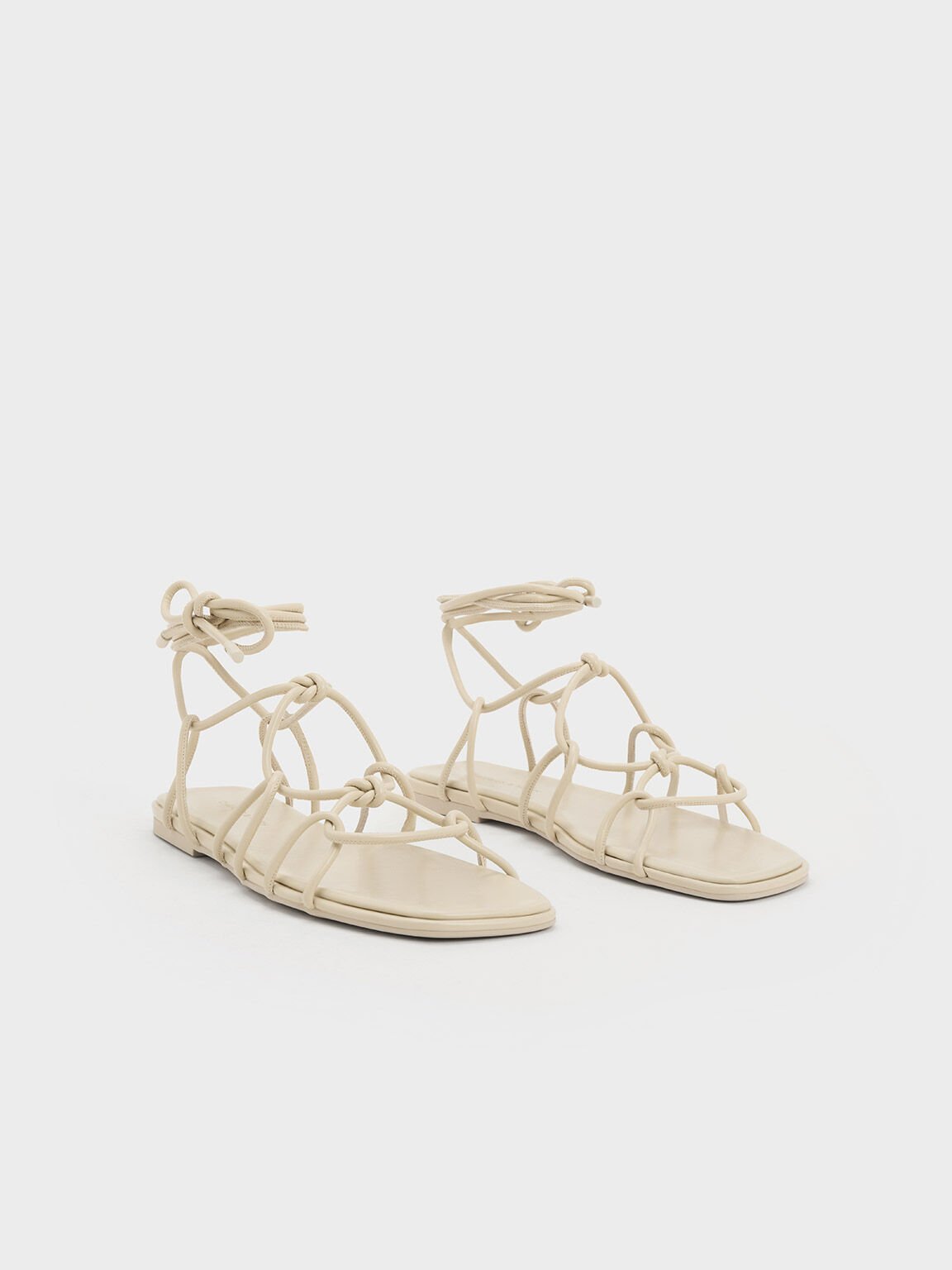 Strappy Knotted Tie-Around Sandals, Beige, hi-res