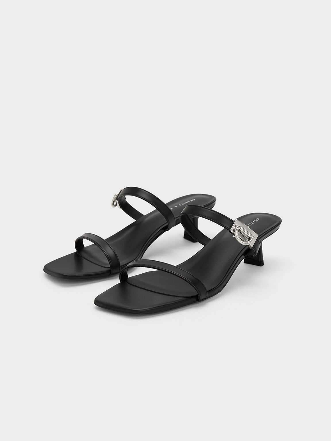 Black Metallic Accent Double Strap Mules - CHARLES & KEITH SG