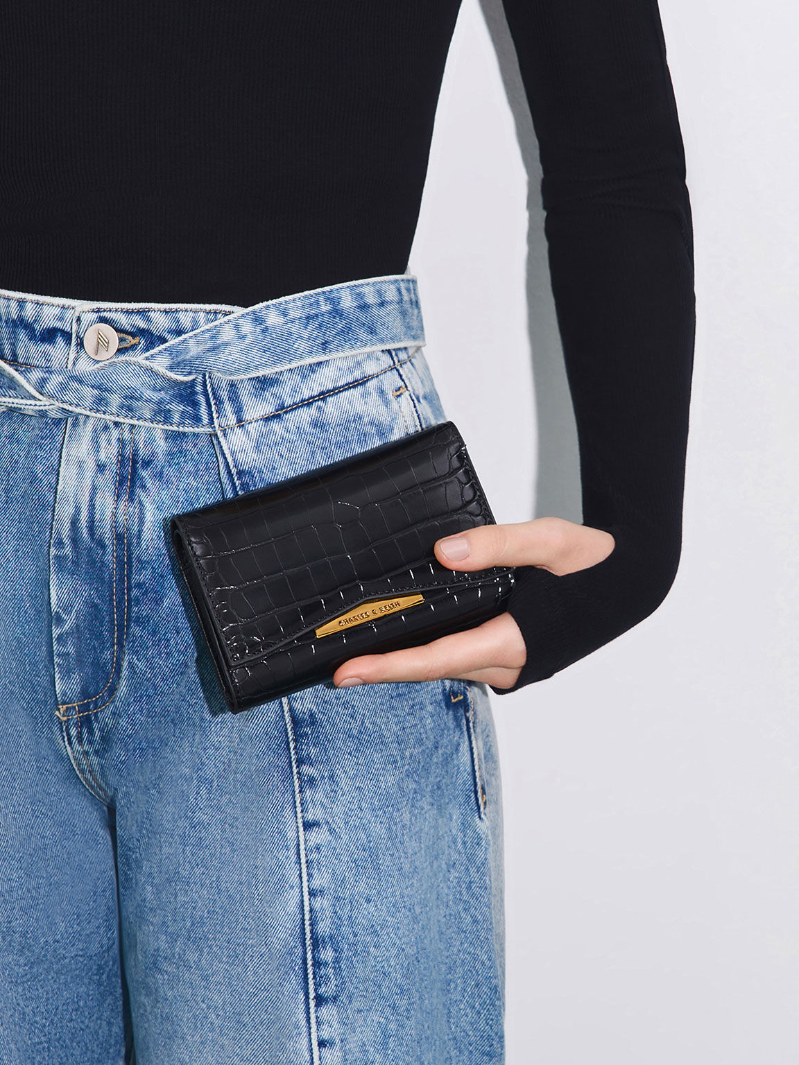 Black Metallic Accent Short Wallet - CHARLES & KEITH ID