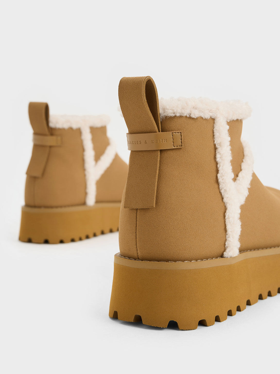 Textured Fur-Trim Flatform Ankle Boots, Khaki, hi-res